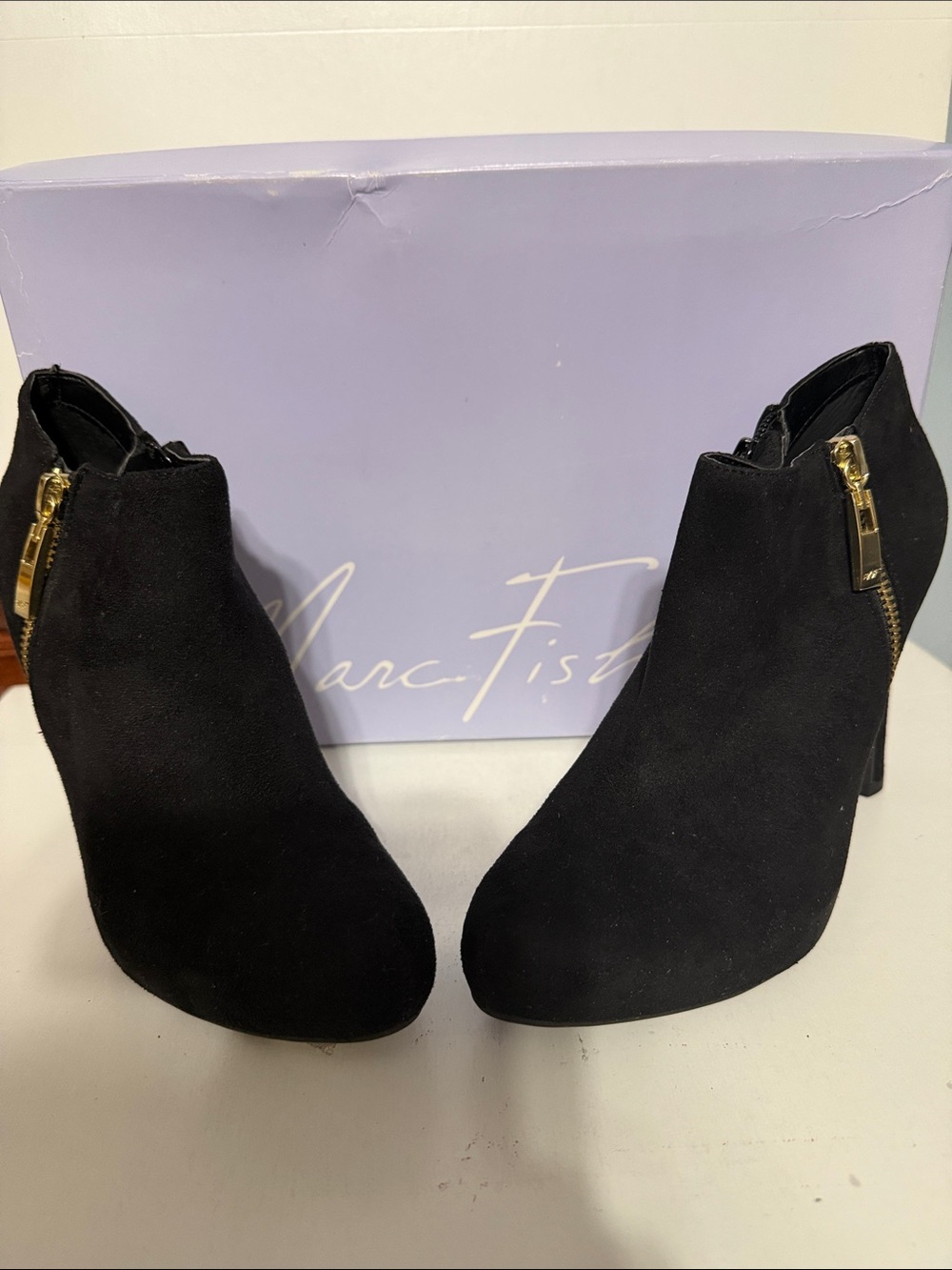 Marc Fisher Black Suede Ankle Booties with Side Gold Accent